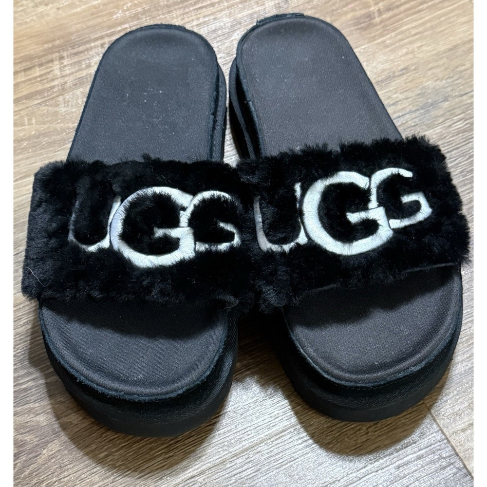 NWT UGG Womens Laton Fur Genuine Shearling Platform Slide Sandal US 8/39 Black